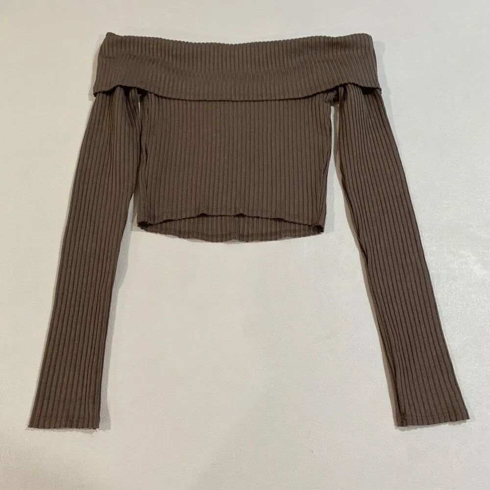 Wild Fable Ribbed Off Shoulder Top Brown XXS NWT Long Sleeve